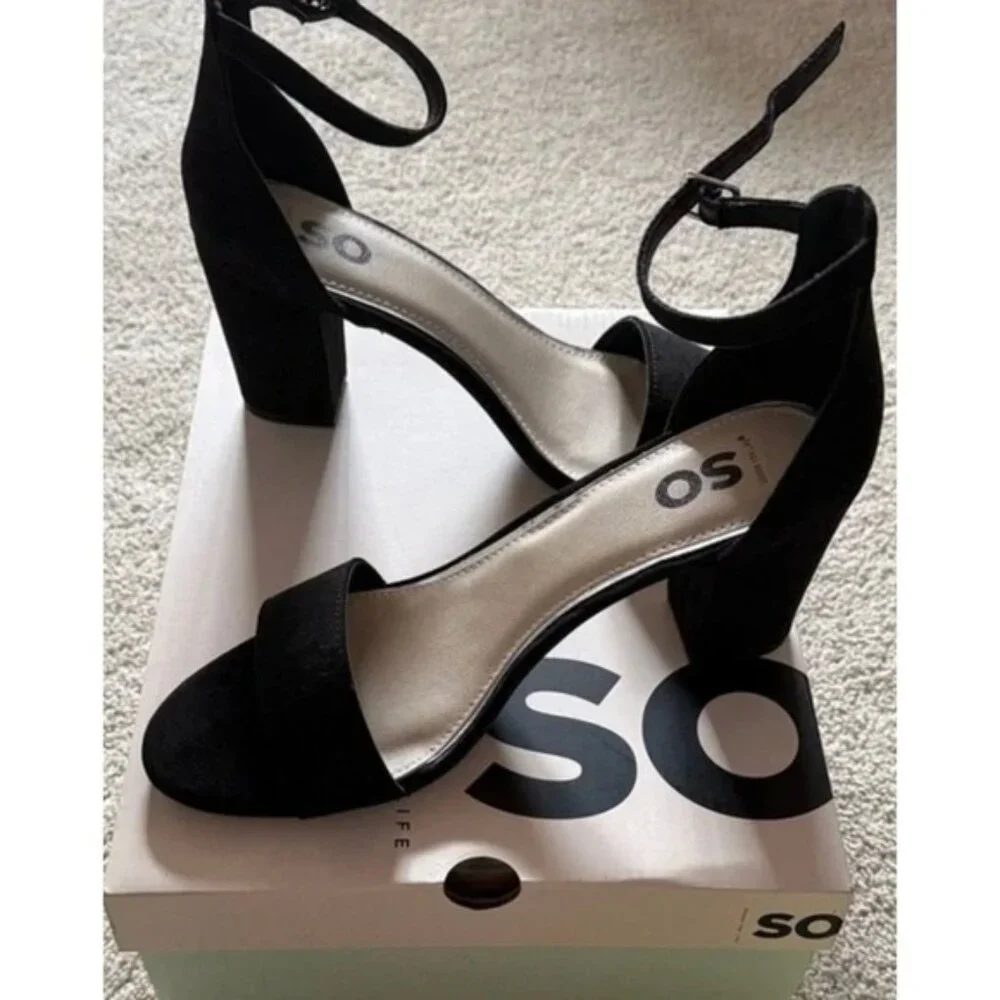 SO Black Ankle-Strap Suede Heels - Size 9.5 - New in Box